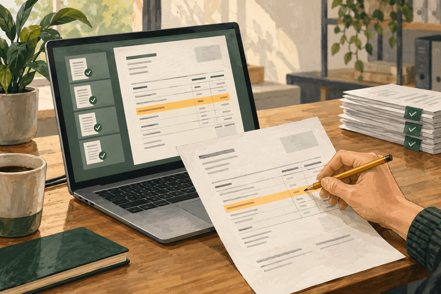 Editorial illustration of an employee comparing a paper invoice with a highlighted discrepancy on a laptop screen.